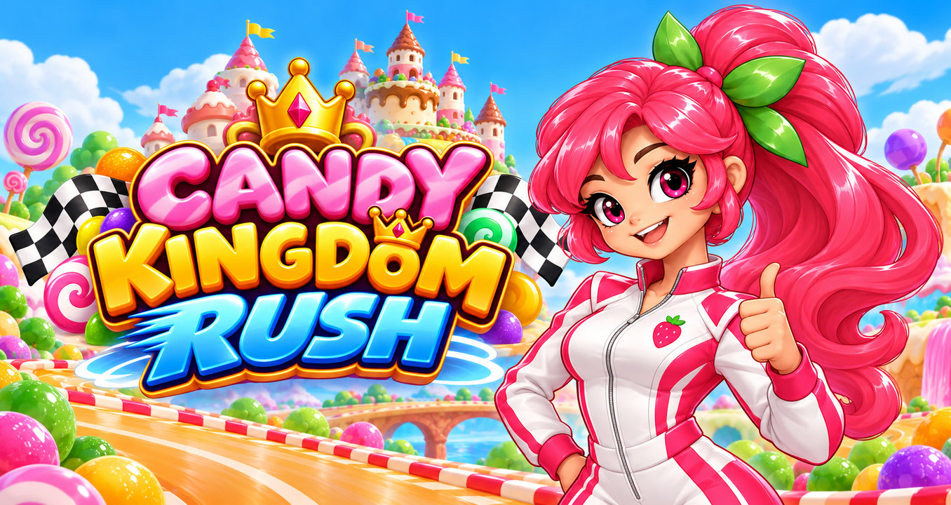 Candy Kingdom Rush logo and its pink-haired racer in a candy landscape