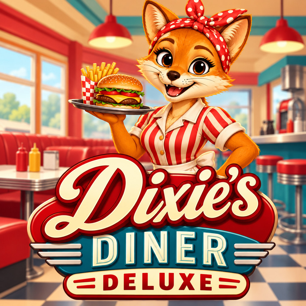 Dixie the fox serving a burger in a red and teal diner, beside the game's title