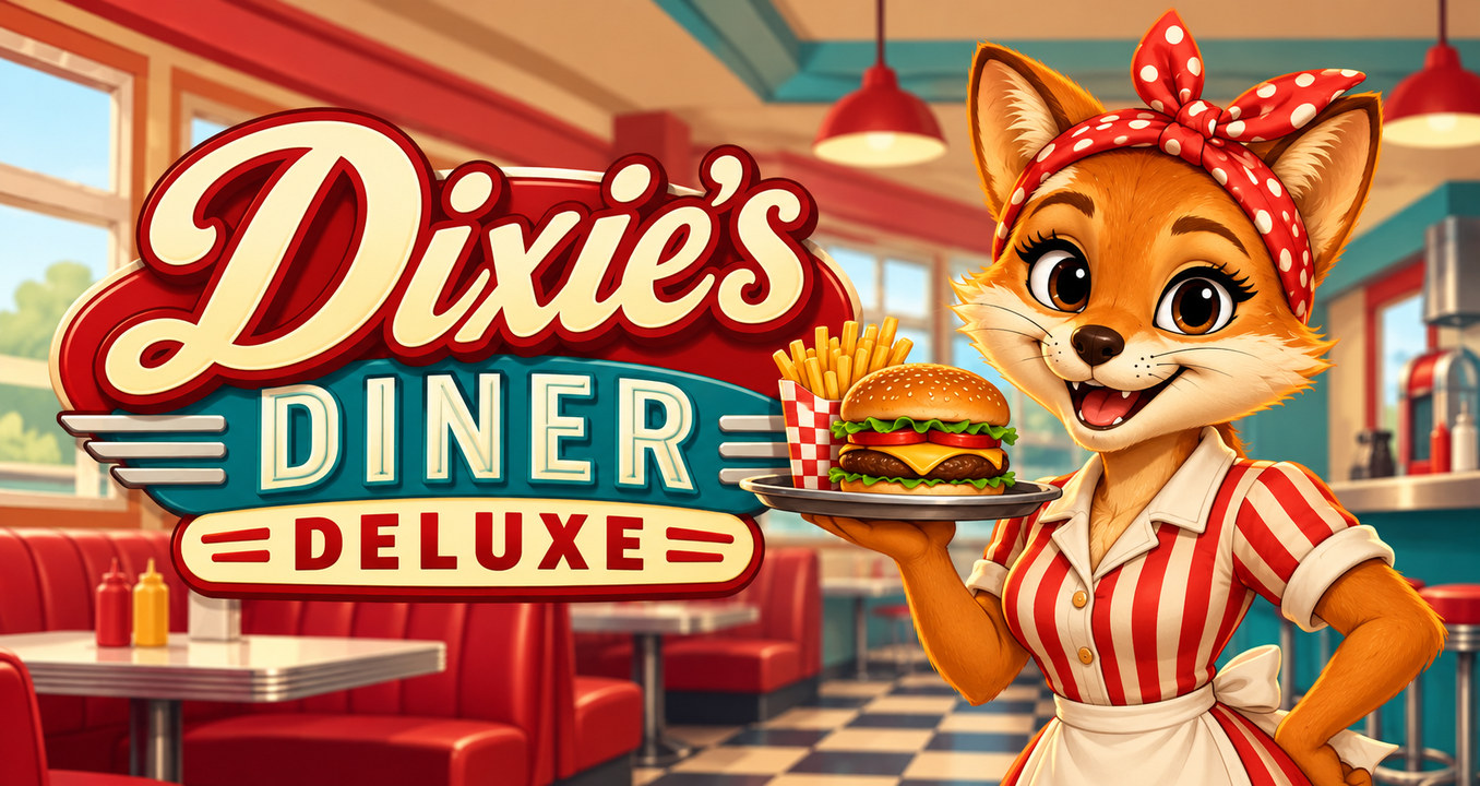 Dixie the fox serving a burger in a red and teal diner, beside the game's title