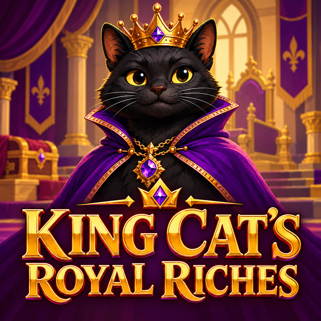 A black cat king in a purple cloak and gold crown, beside the King Cat's Royal Riches title