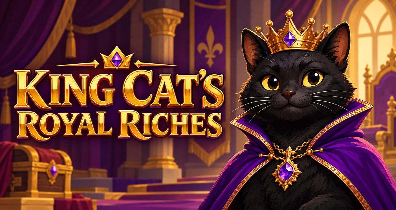 A black cat king in a purple cloak and gold crown, beside the King Cat's Royal Riches title