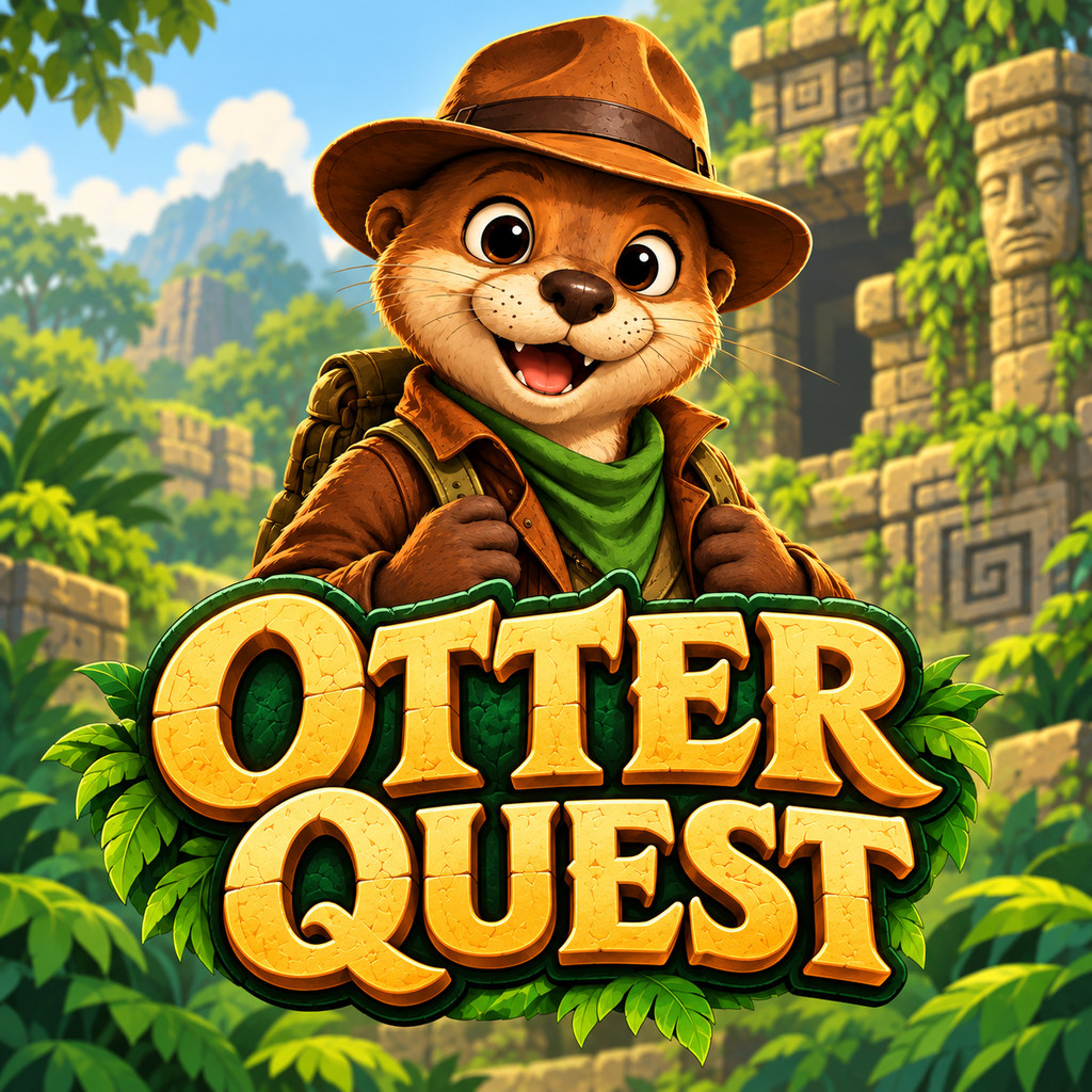 An otter explorer in a hat and green scarf at a jungle temple, beside the Otter Quest title