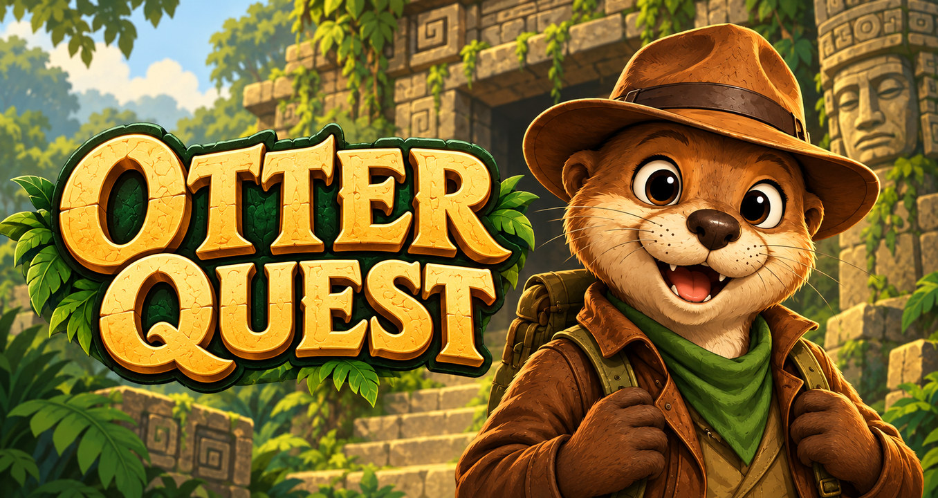 An otter explorer in a hat and green scarf at a jungle temple, beside the Otter Quest title